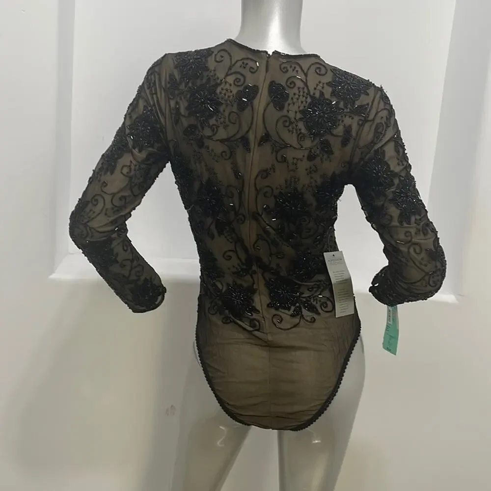 Bob Mackie Special Occasion Beaded Long Sleeve  Bodysuit Black Size S - Picture 9 of 14